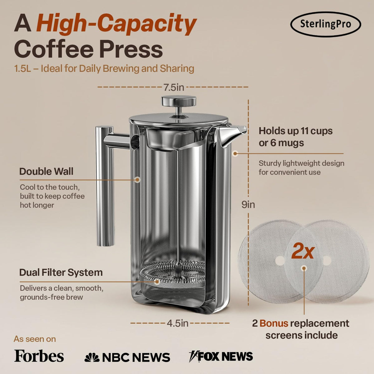 Non-Toxic Large Insulated Stainless Steel French Press Coffee Maker 51Oz Capacity (44 Oz Brew Yield) – Double Wall Metal Coffee Press | Cool-Touch | Mirror Finish | 12 Cups / 6 Mugs