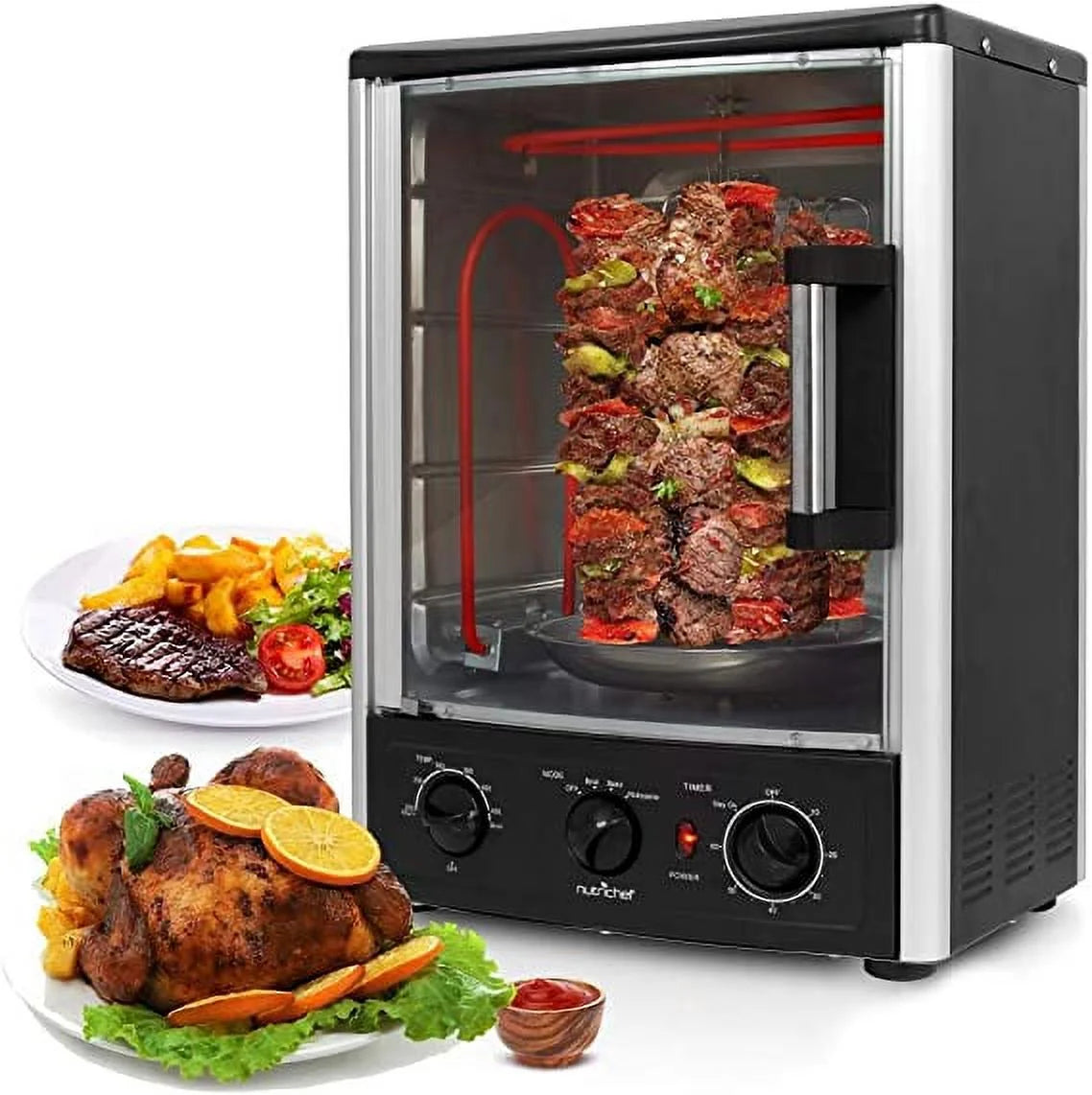 Upgraded Multi-Function Rotisserie Oven - Vertical Countertop Oven with Bake, Turkey Thanksgiving, Broil Roasting Kebab Rack with Adjustable Settings, 2 Shelves 1500 Watt - AZPKRT97