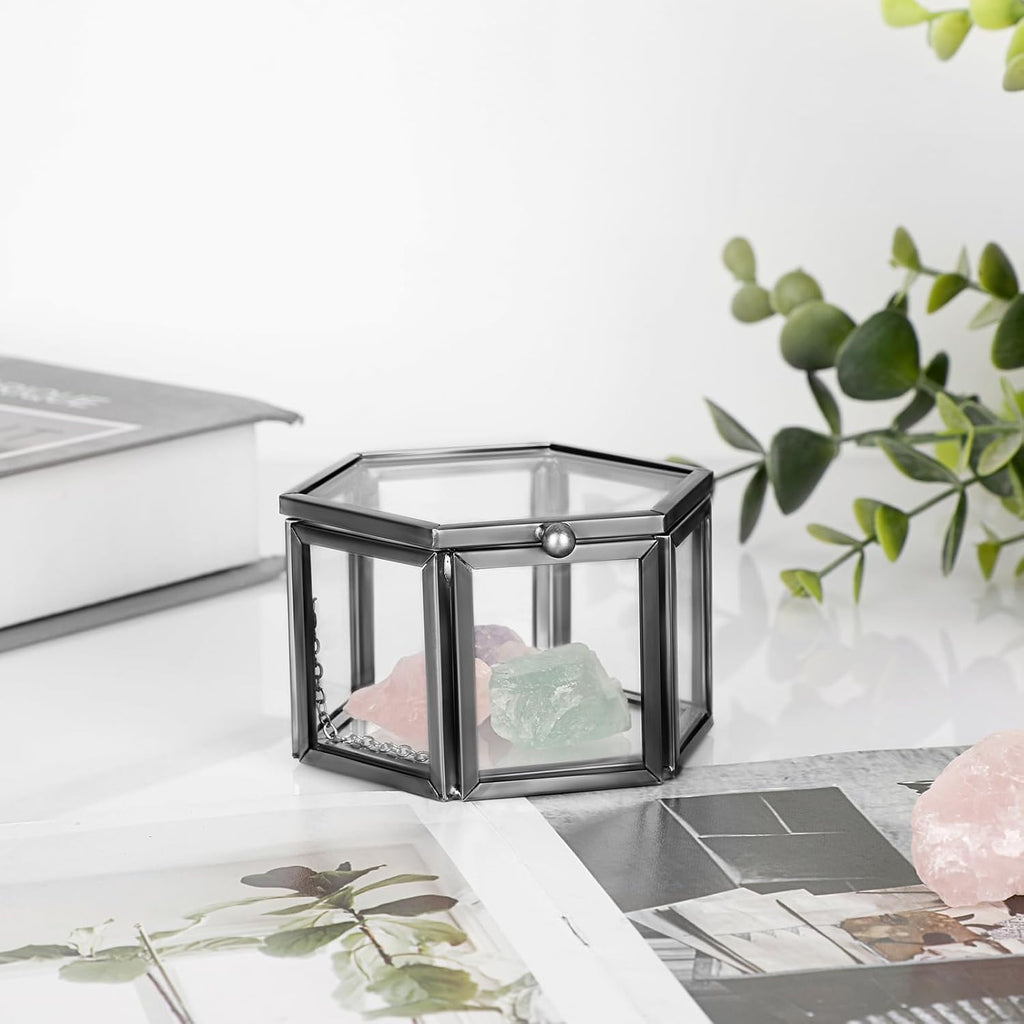 Vintage Glass Jewelry Box -Small Hexagonal Glass Keepsake Box