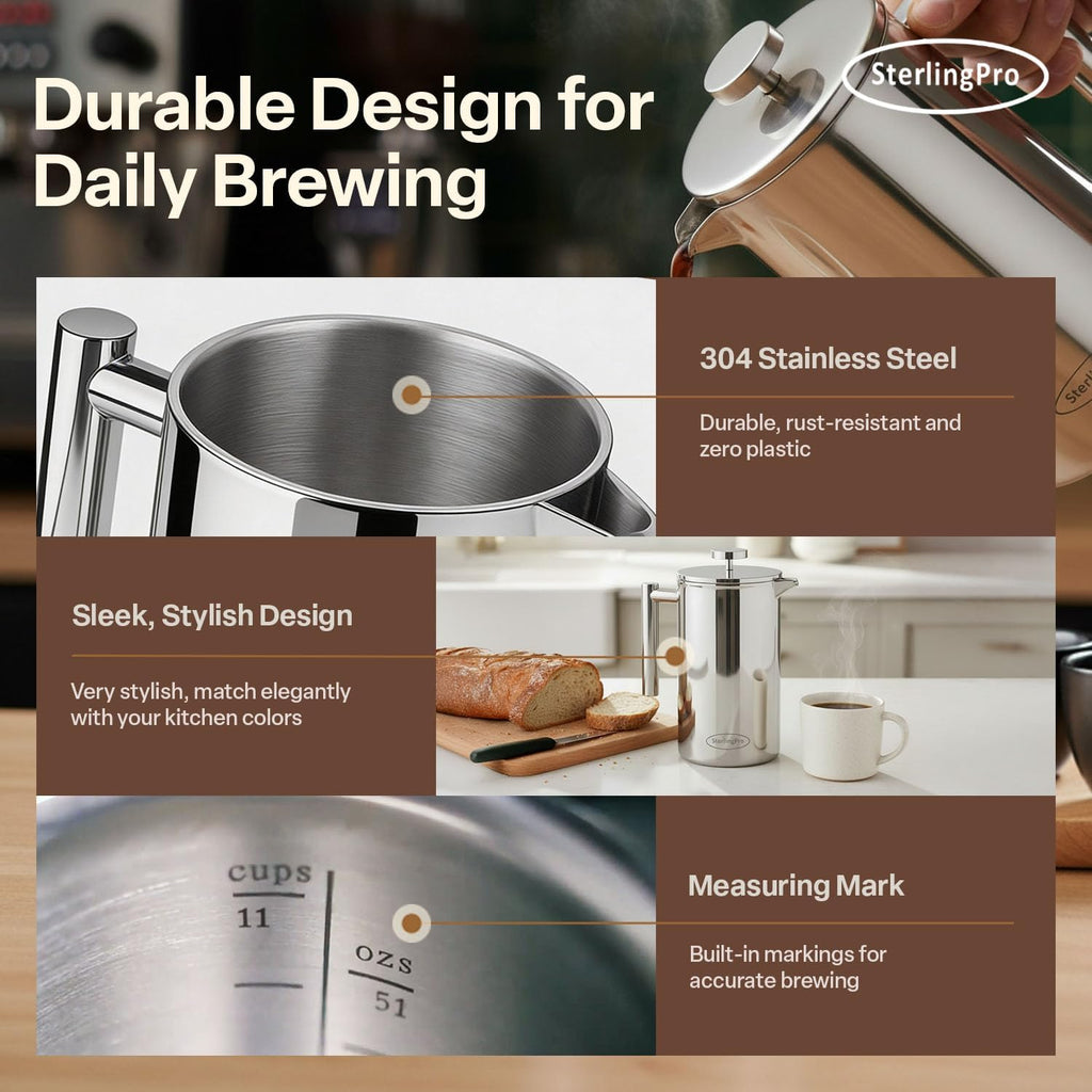 Non-Toxic Large Insulated Stainless Steel French Press Coffee Maker 51Oz Capacity (44 Oz Brew Yield) – Double Wall Metal Coffee Press | Cool-Touch | Mirror Finish | 12 Cups / 6 Mugs