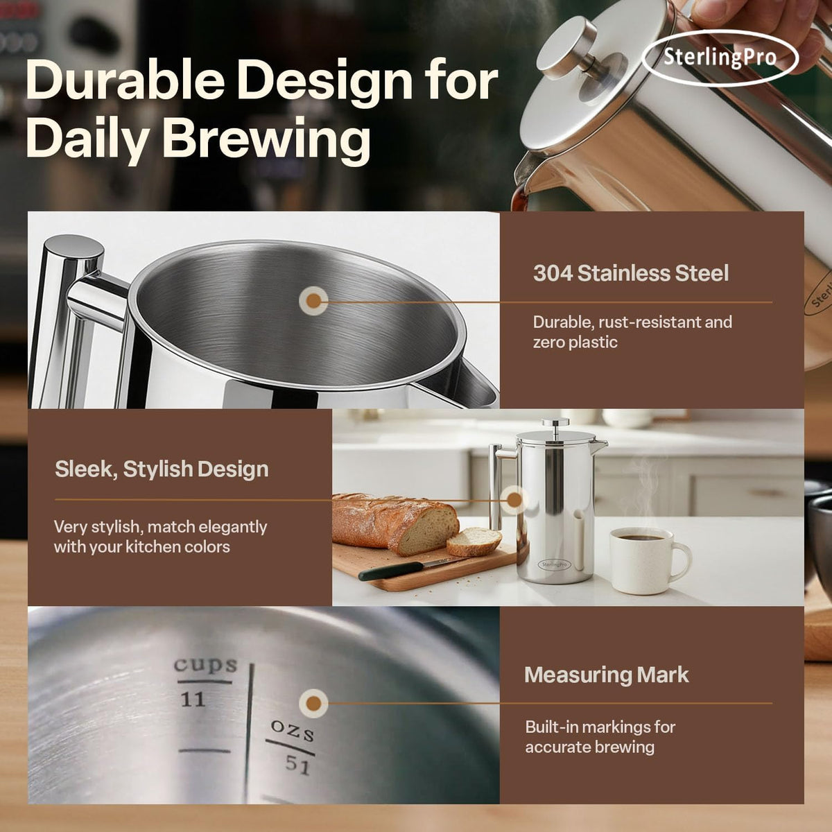 Non-Toxic Large Insulated Stainless Steel French Press Coffee Maker 51Oz Capacity (44 Oz Brew Yield) – Double Wall Metal Coffee Press | Cool-Touch | Mirror Finish | 12 Cups / 6 Mugs