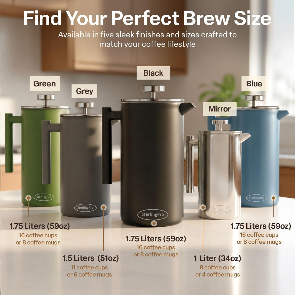 Non-Toxic Large Insulated Stainless Steel French Press Coffee Maker 51Oz Capacity (44 Oz Brew Yield) – Double Wall Metal Coffee Press | Cool-Touch | Mirror Finish | 12 Cups / 6 Mugs