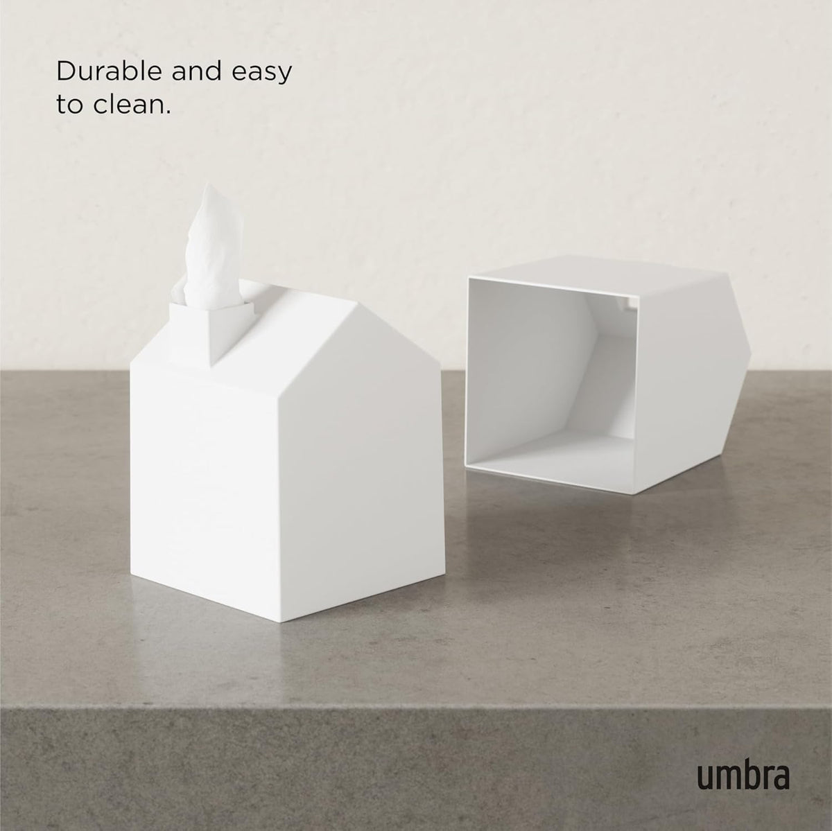 Casa Tissue Box Cover, House Shaped Kleenex Box Holder, Square, White | Adds Decorative Touch to Rooms, Easy One Hand Retrieval, Wipe with Damp Cloth, Durable Plastic