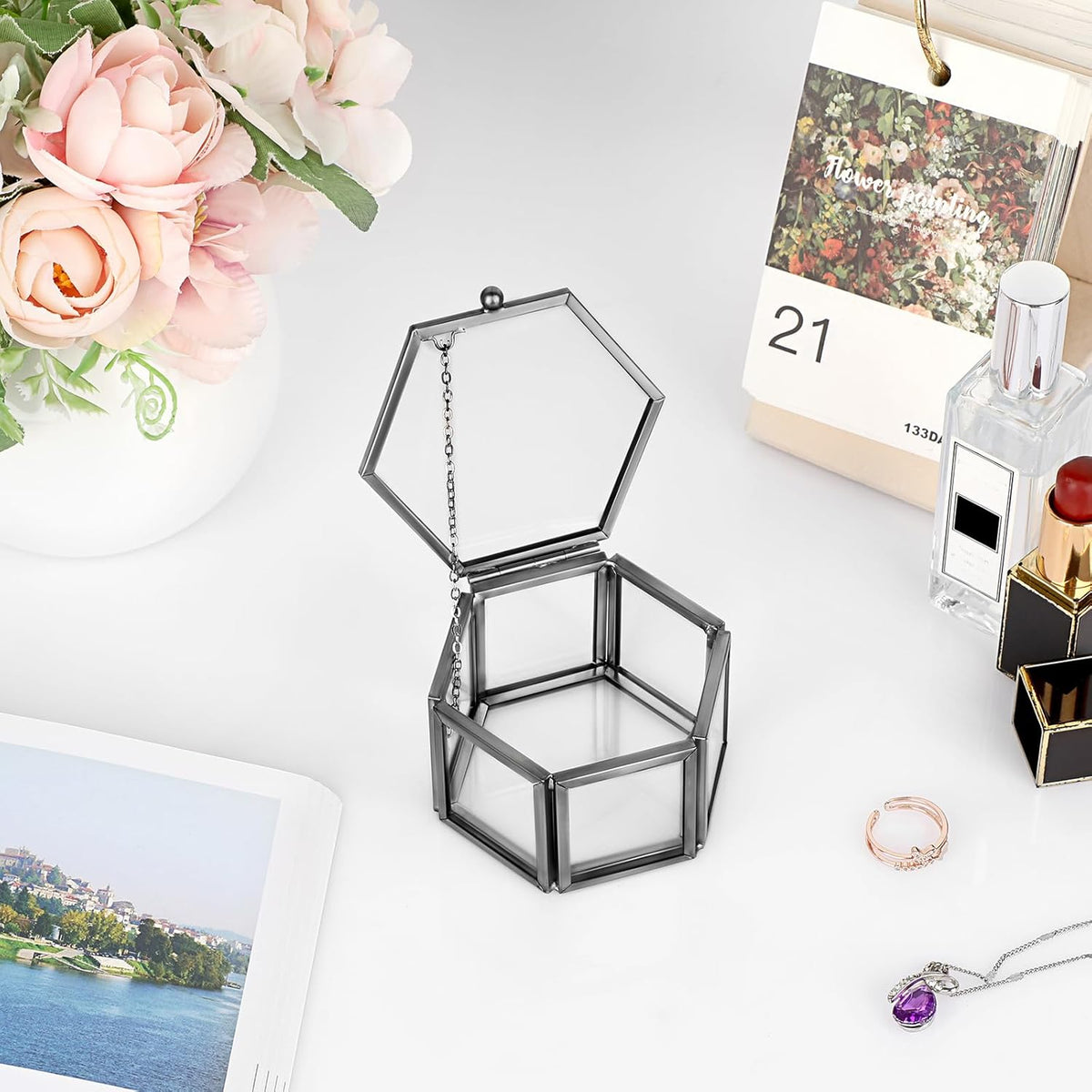 Vintage Glass Jewelry Box -Small Hexagonal Glass Keepsake Box
