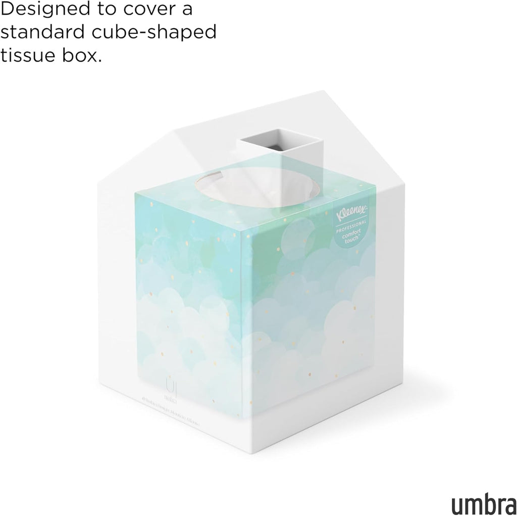 Casa Tissue Box Cover, House Shaped Kleenex Box Holder, Square, White | Adds Decorative Touch to Rooms, Easy One Hand Retrieval, Wipe with Damp Cloth, Durable Plastic