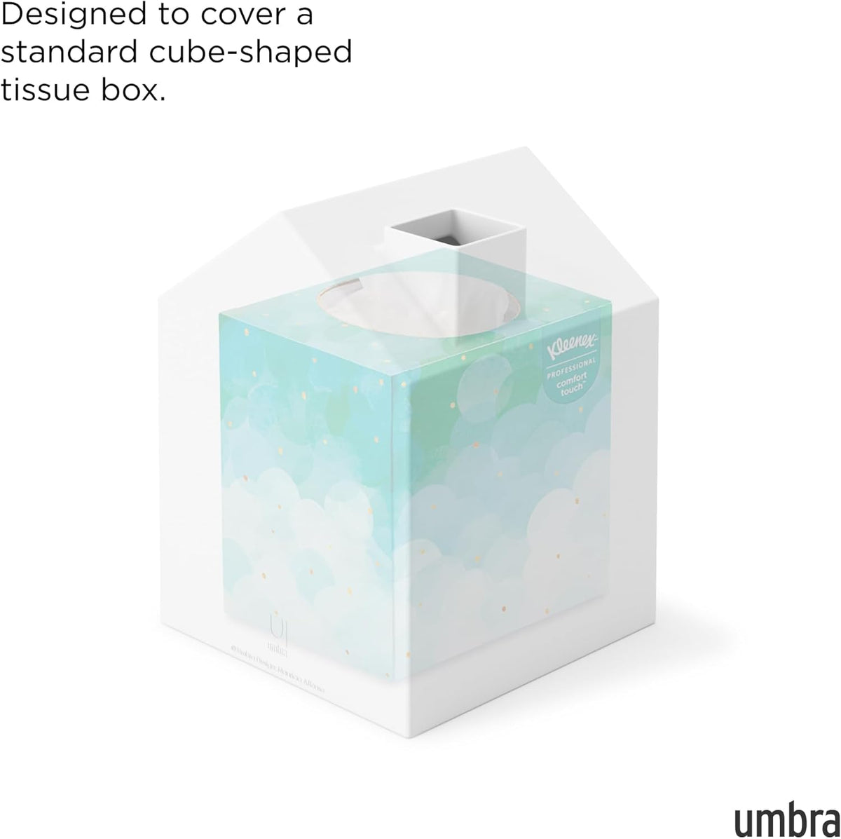 Casa Tissue Box Cover, House Shaped Kleenex Box Holder, Square, White | Adds Decorative Touch to Rooms, Easy One Hand Retrieval, Wipe with Damp Cloth, Durable Plastic