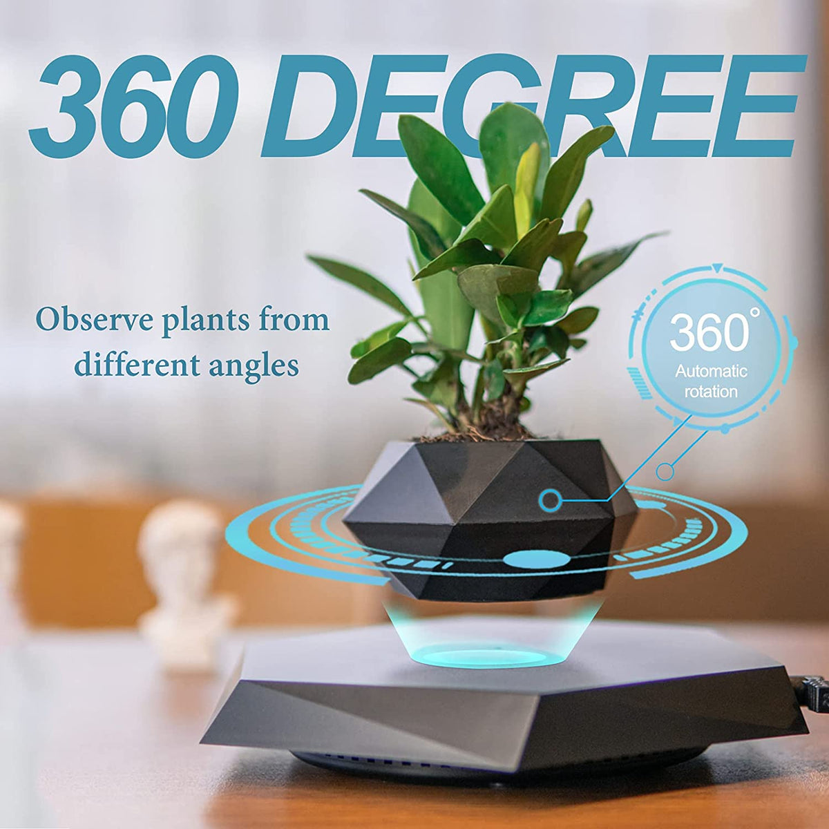 Levitating Plant Pot, Magnetic Levitation Flower Pot Rotating Planters Suspension Floating Plant Succulents Potted for Home Living Room Office Desk Decoration (Black)