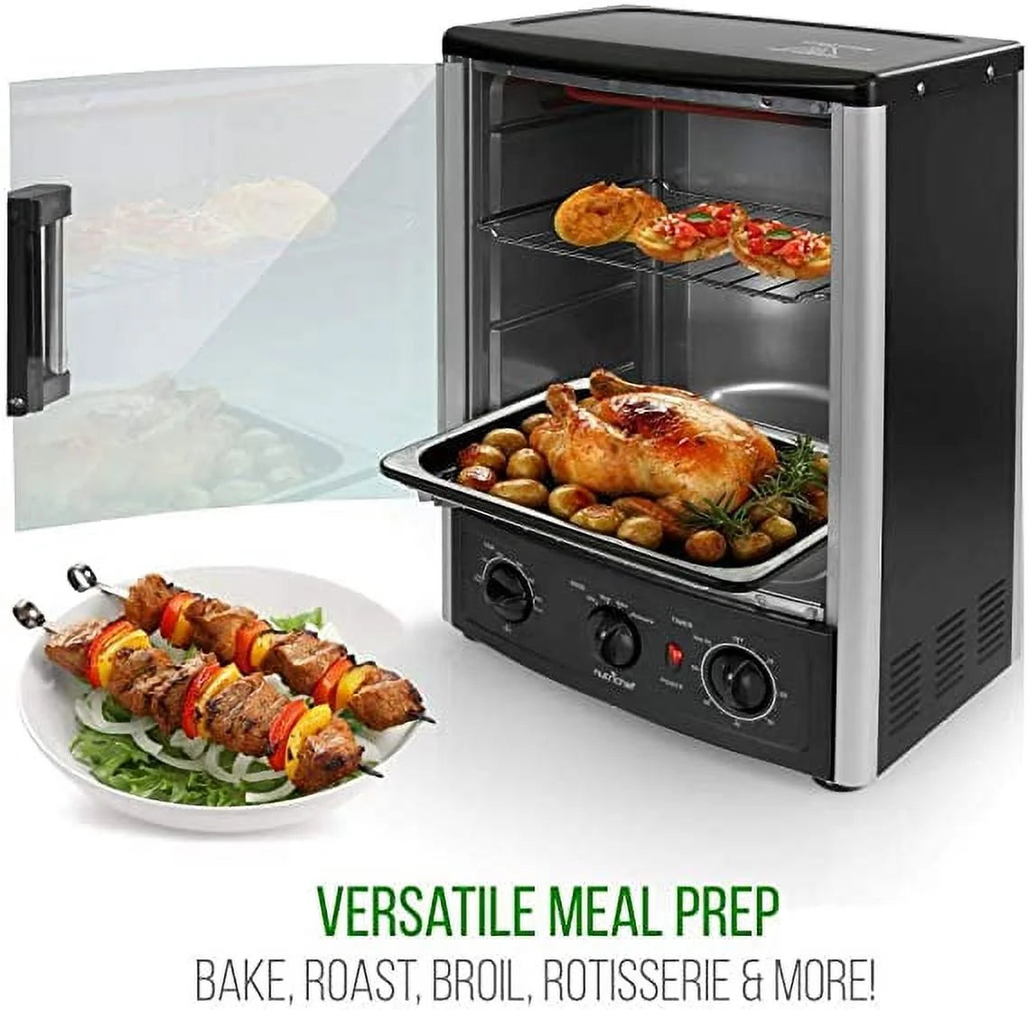 Upgraded Multi-Function Rotisserie Oven - Vertical Countertop Oven with Bake, Turkey Thanksgiving, Broil Roasting Kebab Rack with Adjustable Settings, 2 Shelves 1500 Watt - AZPKRT97
