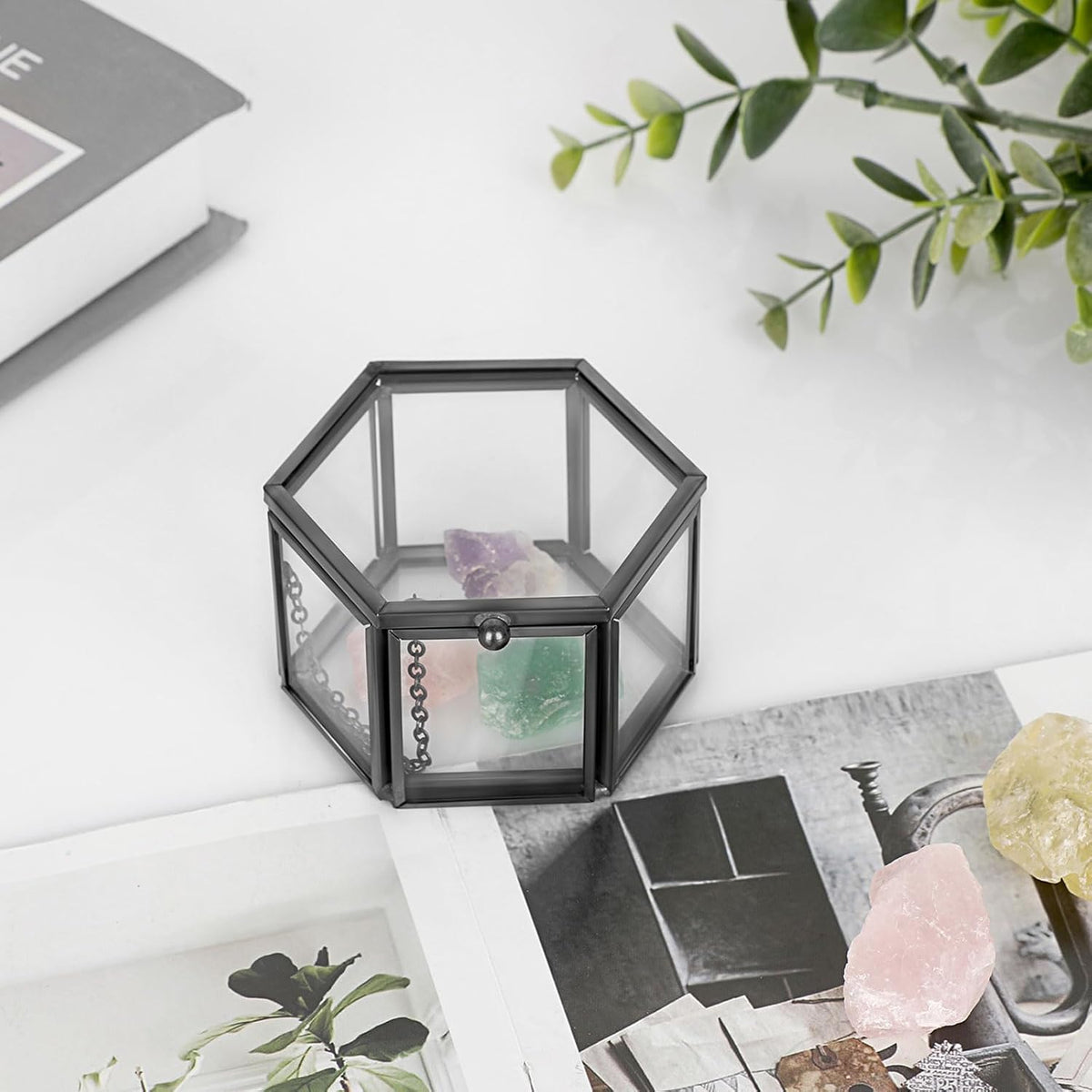 Vintage Glass Jewelry Box -Small Hexagonal Glass Keepsake Box