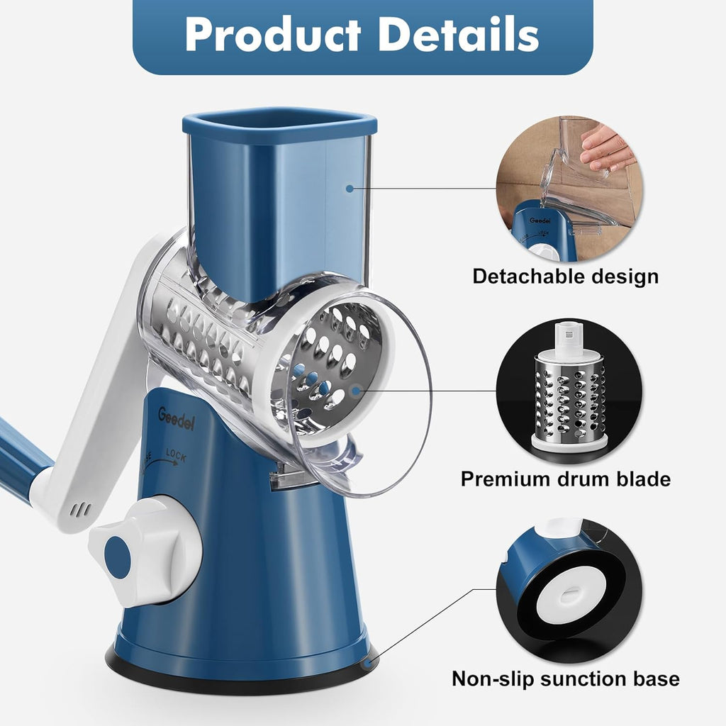 Rotary Cheese Grater Hand Crank, Cheese Shredder Vegetable Slicer | 3 Blades, 430 Stainless Steel, 12X Fast Cutting, Strong Suction Base, No BPA, Dishwasher Safe, for Cheese, Veggie, Nut