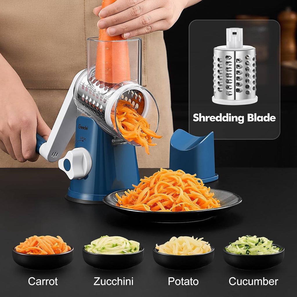Rotary Cheese Grater Hand Crank, Cheese Shredder Vegetable Slicer | 3 Blades, 430 Stainless Steel, 12X Fast Cutting, Strong Suction Base, No BPA, Dishwasher Safe, for Cheese, Veggie, Nut