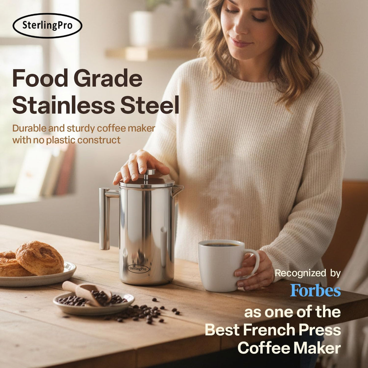 Non-Toxic Large Insulated Stainless Steel French Press Coffee Maker 51Oz Capacity (44 Oz Brew Yield) – Double Wall Metal Coffee Press | Cool-Touch | Mirror Finish | 12 Cups / 6 Mugs