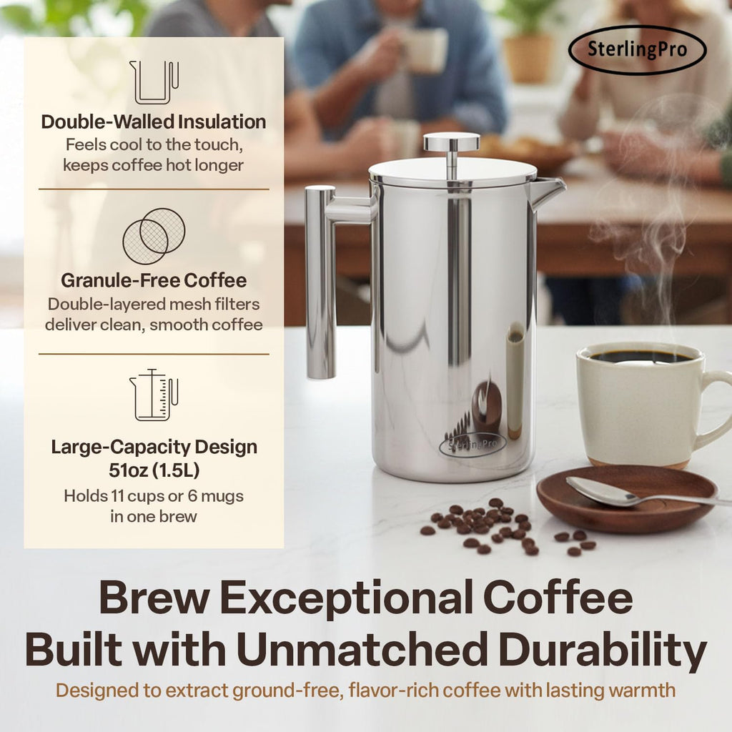 Non-Toxic Large Insulated Stainless Steel French Press Coffee Maker 51Oz Capacity (44 Oz Brew Yield) – Double Wall Metal Coffee Press | Cool-Touch | Mirror Finish | 12 Cups / 6 Mugs