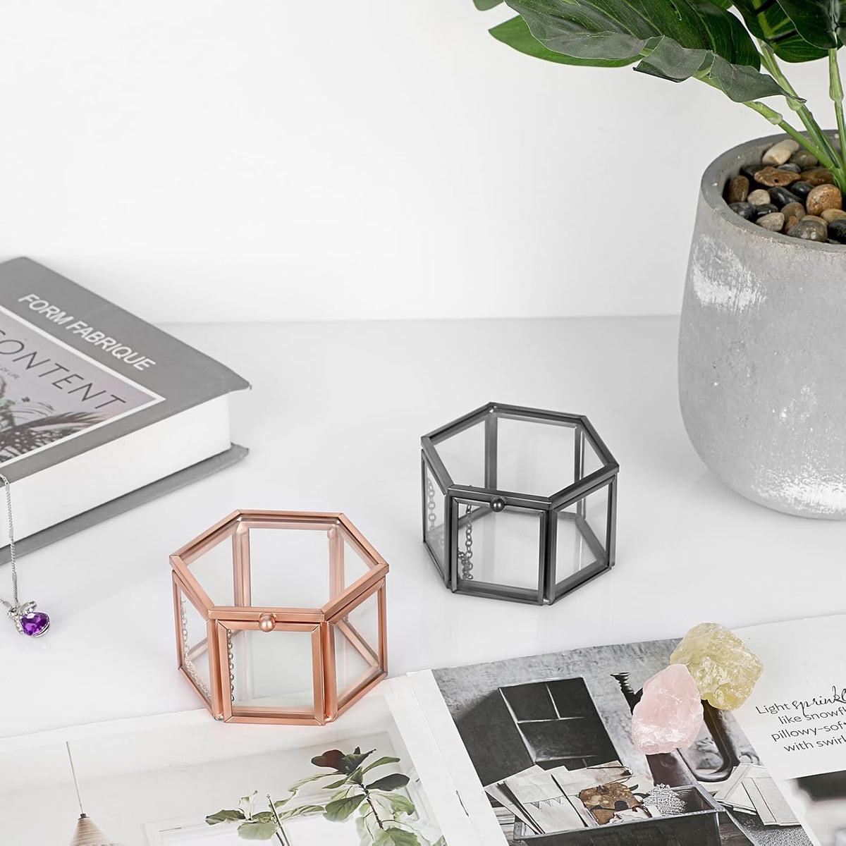 Vintage Glass Jewelry Box -Small Hexagonal Glass Keepsake Box