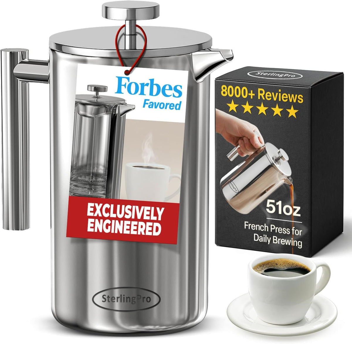 Non-Toxic Large Insulated Stainless Steel French Press Coffee Maker 51Oz Capacity (44 Oz Brew Yield) – Double Wall Metal Coffee Press | Cool-Touch | Mirror Finish | 12 Cups / 6 Mugs